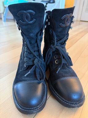CHANEL Black Suede & Leather Lace-Up Ankle Boots